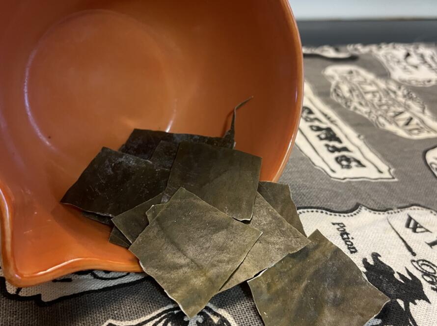 Pieces of kombu on display in a tipped over measuring cup